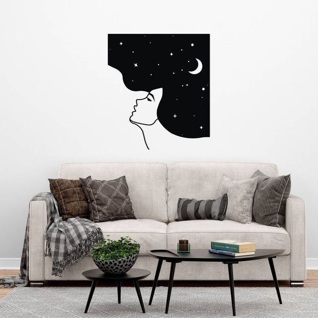 Moon Metal Wall Art, Starry Night Metal Wall Decor, Woman Silhouette Wall Art, Woman Line Face Metal Wall Hanging, Valentines Day Gift