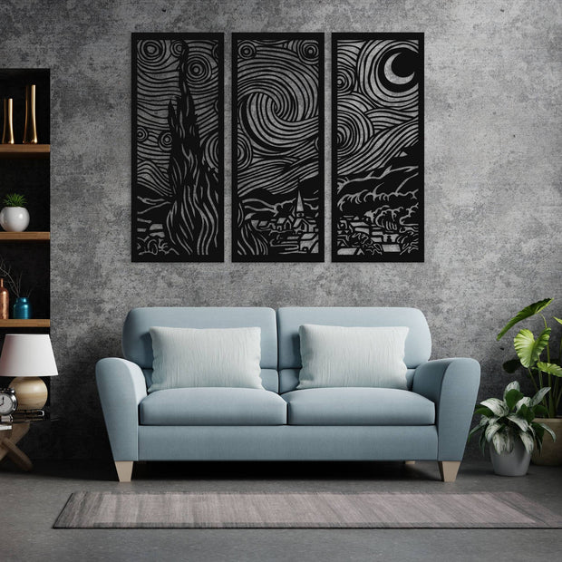 Starry Night Metal Wall Art ( 3 Pieces )  , Van Gogh Starry Night , Living Room Wall Decor , Van Gogh Starry Night Metal Wall Art