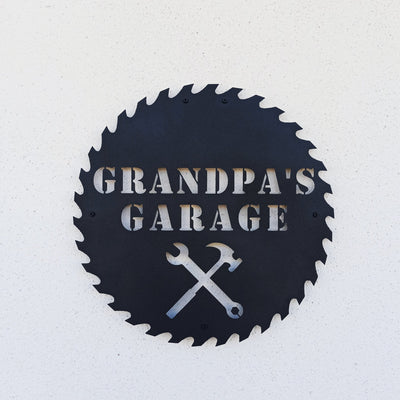 Personalisiertes Sägeblattschild Sägeblatt – Papas Garage – Opas Garage – Metall-Garagenschild – Holzarbeiter-Garage