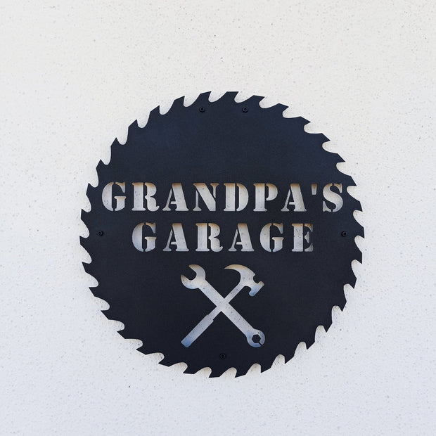 Personalisiertes Sägeblattschild Sägeblatt – Papas Garage – Opas Garage – Metall-Garagenschild – Holzarbeiter-Garage
