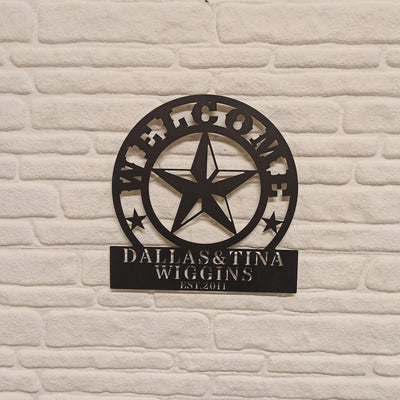 Panneau métallique personnalisé de nom de famille, panneau familial établi en métal, cadeau de pendaison de crémaillère, panneau de bienvenue, panneau personnalisé du Texas, étoile du Texas